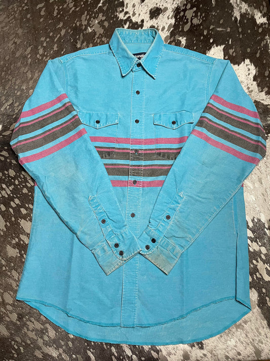 Turquoise button up shirt with pink, white, and black stripes around chest