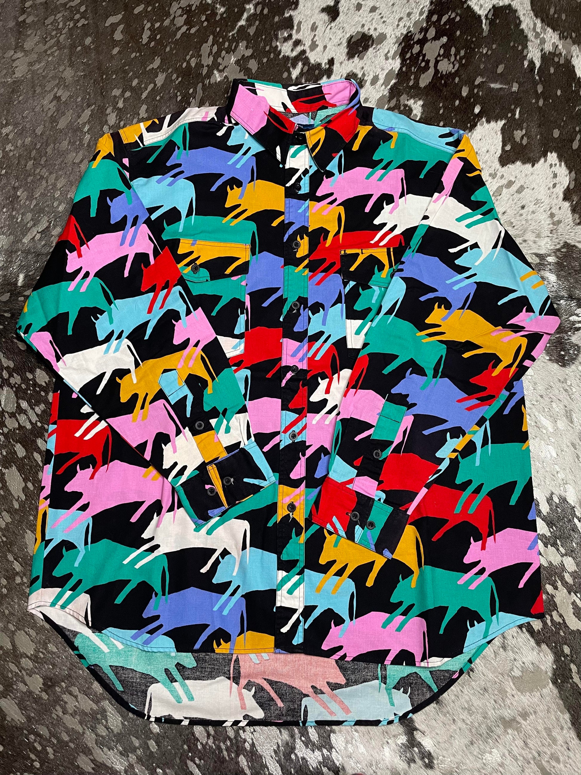 Black base button up with mutlicolor bulls overlaid.